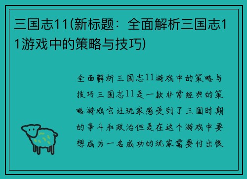 三国志11(新标题：全面解析三国志11游戏中的策略与技巧)
